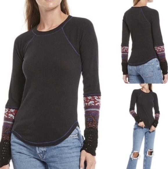 NWT Free People Mix Thermal Cuff Long Sleeve Top women boho - Picture 2 of 10